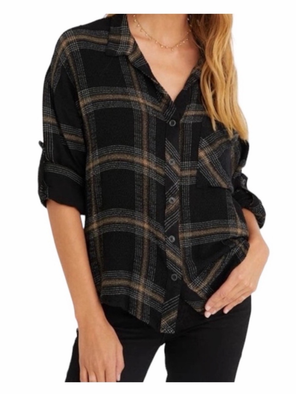 cloth & stone Black Plaid Shirt with Tan Accent